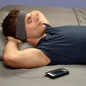 Image of a man wearing the SomniBand Sleep Headphones to help his tinnitus while sleeping.